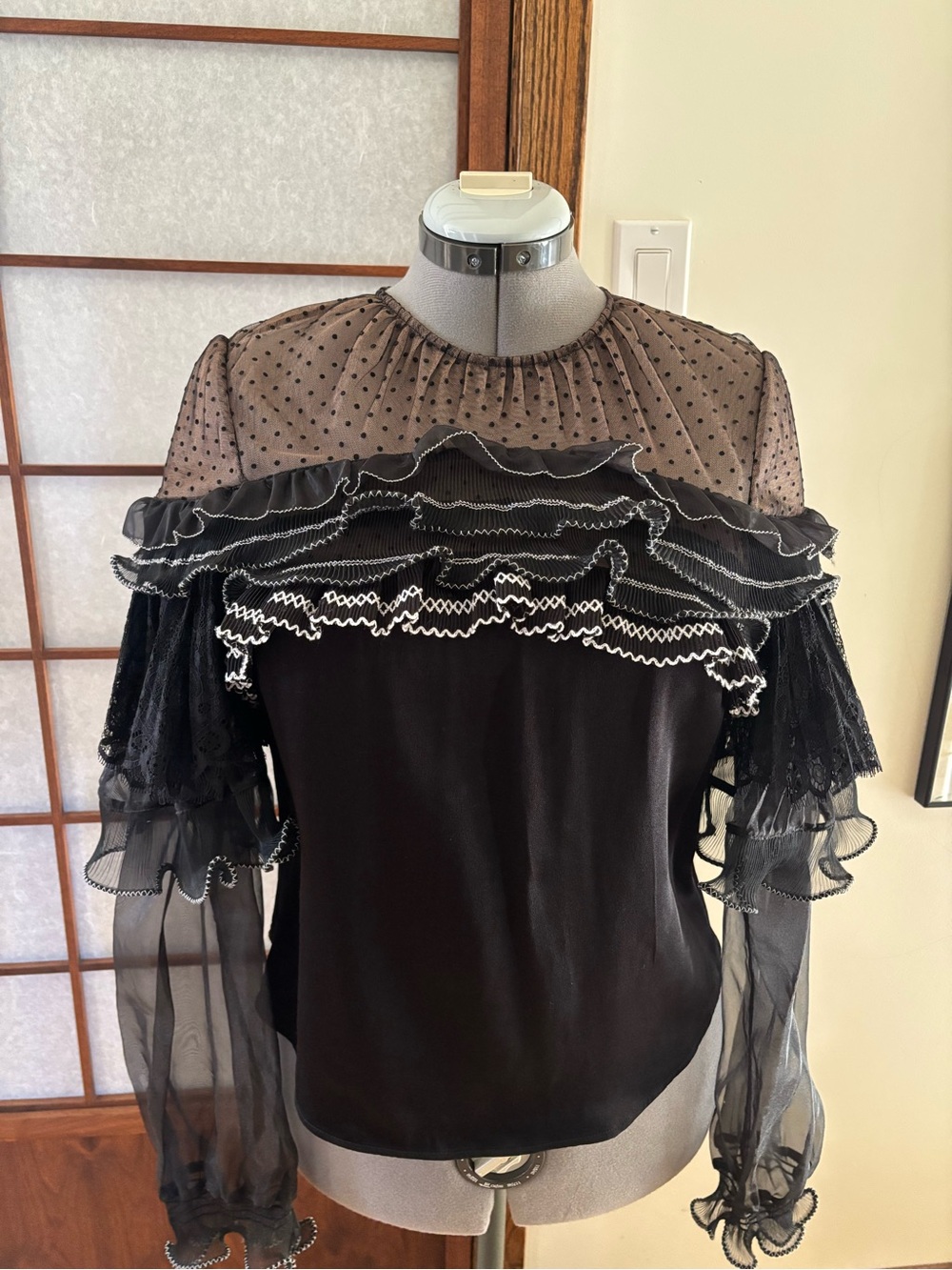 VGUC Self-Portrait Black Sheer Polka-Dot Ruffle Blouse US 8